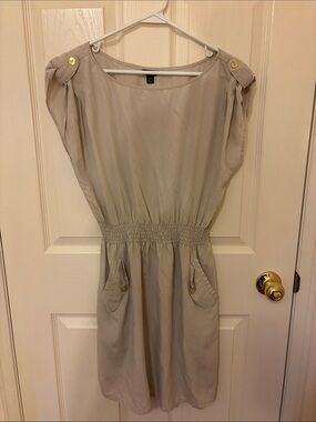 Guess Cream Smocked-Waist Midi Dress with Button-Tab Shoulders